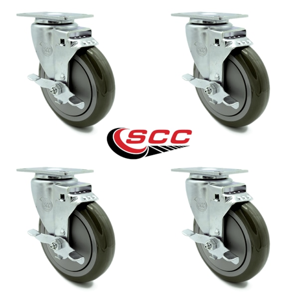 5 Inch Gray Polyurethane Wheel Swivel Top Plate Caster Set with Brake SCC